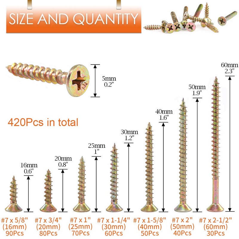 Rustark 420 Pcs [#7 5/8'' to 2-1/2''] Zinc Plated Coarse Thread Phillips Drywall Screws with Bugle Head Assortment Kit for Drywall Sheetrock and Wood - Image 2
